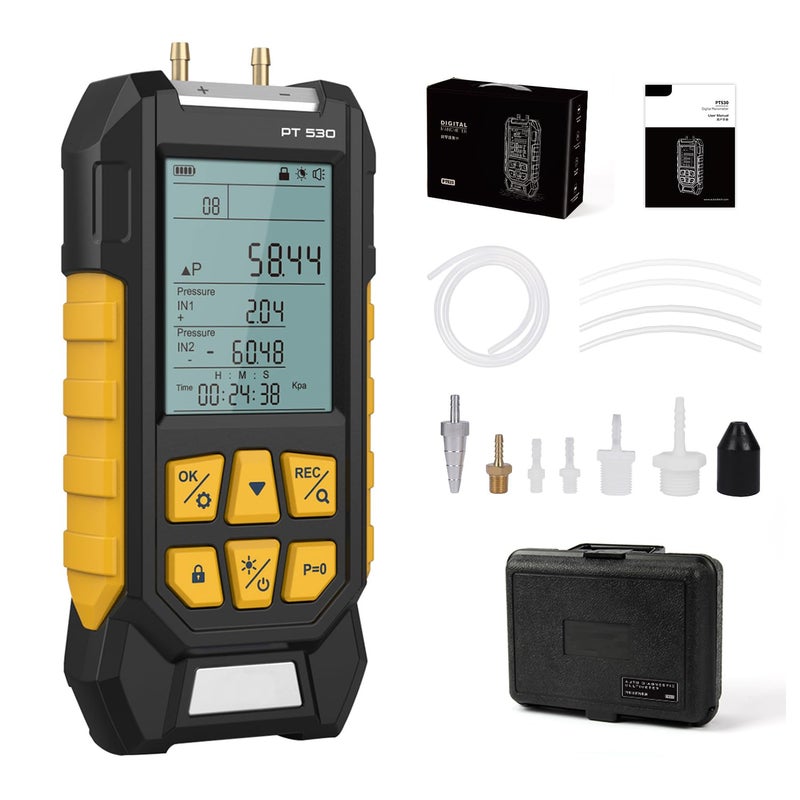 LUTIFIX مقياس الضغط، مقياس ضغط HVAC مزدوج المنفذ مع 7 محولات، مفتاح 10 وحدات، قفل بيانات وتخزين، ظهر مغناطيسي، جهاز اختبار ضغط الغاز، -100~300Kpa، PT530 - Image 1